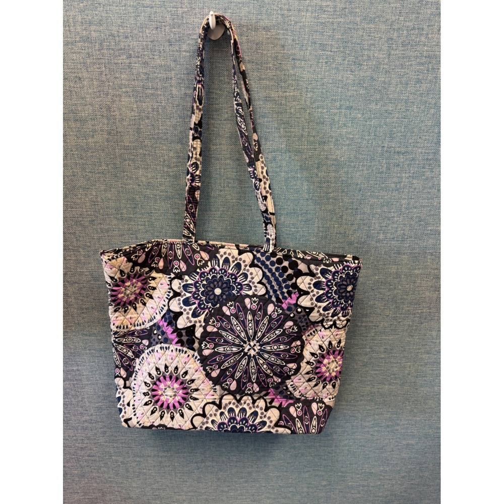 Vera Bradley Quilted Cotton Tote Bag Purple Navy Floral Mandala Shoulder Bag